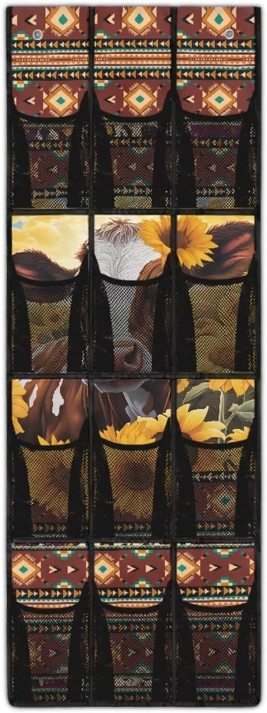 12-Pocket Over the Door Organizer, Transparent Mesh Compartments for Instant Visibility, Space-Saving Bathroom & Closet Storage,Aztec Cow