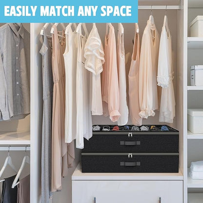 Under Bed Shoe Storage Organizer for Closet, 32 Pairs Sturdy Underbed Shoe Storage Boxes Bins Container Foldable Shoes Storage with Reinforced Handles & Clear Window for College Dorms Black, Set of 2