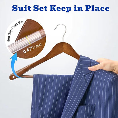 HOUSE DAY Wide Shoulder Wooden Hangers 12 Pack, Wood Suit Hangers for Men with Non Slip Pants Bar, Smooth Finish Solid Wood Coat Hanger for Jacket, Pants, Dress, Heavy Clothes Hanger (Walnut)