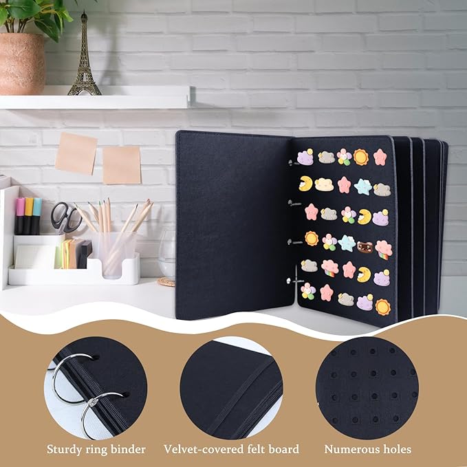 Shoe Charms Organizer, Hanging Shoe Charm Display Holder with 180 Holes 6 Enameled Pin Pages and 2 Front and Back Pages DIY Wall Mounted Portable Shoe Decor Charms Display Stand (Black)