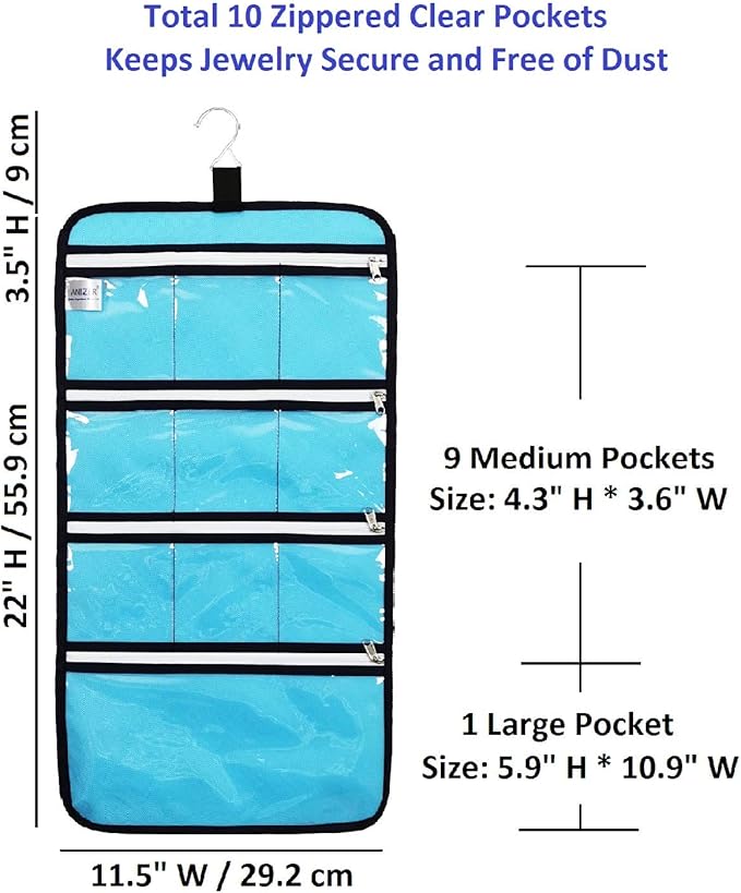 Hanging Jewelry Organizer with 10 Zippered Clear Pockets for Travel Suitcase and Home Closet Jewelry Storage Bag (BLUE)