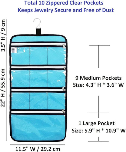 Hanging Jewelry Organizer with 10 Zippered Clear Pockets for Travel Suitcase and Home Closet Jewelry Storage Bag (BLUE)