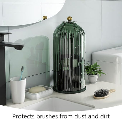 Makeup Brush Holder with Dustproof Cover 360 Rotating Makeup Brush Organizer for Vanity Bathroom, All Green