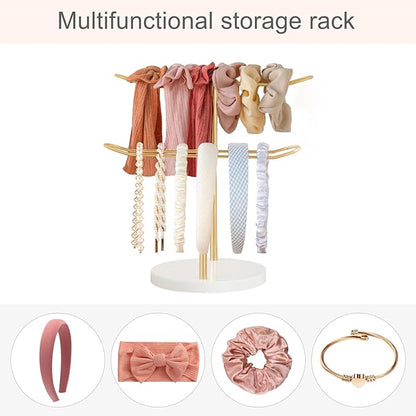 Dahey Headband Holder Organizer Metal 2-Tier Hair Hoop Display Stand Headband Organizer Storage Hair Ropes Accessories Bracelets Bangles Bedroom College Dorm Decor for Girls Women, Gold