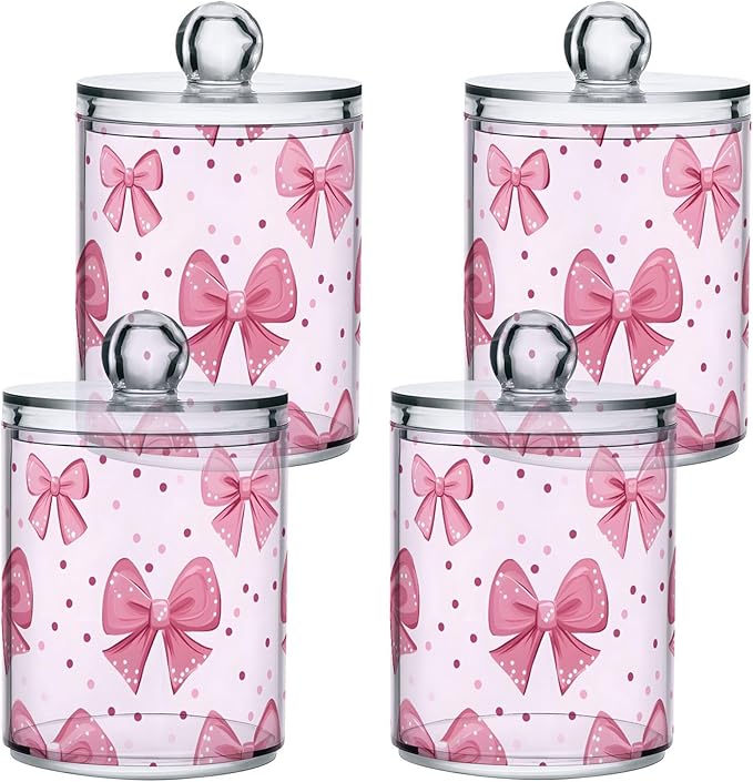 Pink Bows Qtip Holder with Lid,2Pack Clear Plastic Apothecary Jars Bathroom Storage Containers for Cotton Swab,Cotton Ball,Floss Picks,Tea,Coffee