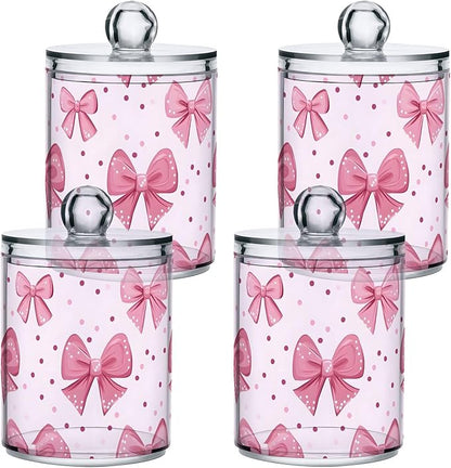 Pink Bows Qtip Holder with Lid,2Pack Clear Plastic Apothecary Jars Bathroom Storage Containers for Cotton Swab,Cotton Ball,Floss Picks,Tea,Coffee