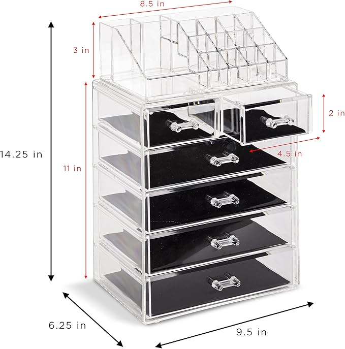 Sorbus Acrylic Makeup Organizer Set, 6-Drawer Vanity & Countertop Cosmetic Storage with Small & Wide Compartments, Clear Makeup Storage for Brushes, Jewelry – Holiday Gift for Women & Teens