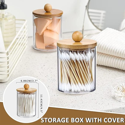 3Pcs Acrylic Qtip Holder Dispenser with Bamboo Lids ClearBathroom Jars with Tray Cotton Swab Storage Dispenser Reusable Bathroom Canisters Swab Ball Holder Dispenser for Makeup Cotton Swab Floss Pick