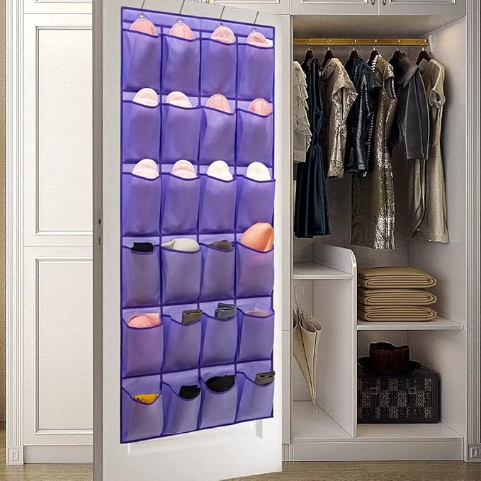 Over The Door Hanging Shoe Organizer Shoe Rack Hanger 24 Large Fabric Pockets Holder with 4 Sturdy Hooks (PURPLE)