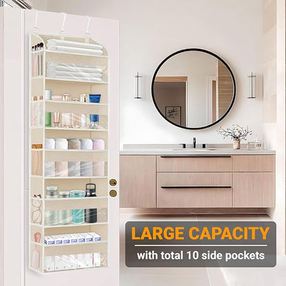 5 Layers Over The Door Organizer with Clear Window, 10 Mesh Side Pockets and 3 Hooks, 1 Pack Large Pockets Heavy Duty Hanging Storage for Bedroom/Bathroom/Pantry/Nursery (Beige-1)