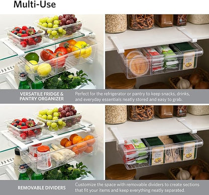 Glad Pull Out Fridge Drawer Organizer - Clip-On Under Shelf Refrigerator & Pantry Storage Bin with 3 Compartments for Fruit, Vegetables, and Deli Meat Drawer - BPA Free Clear Plastic
