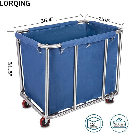 12 Bushels Laundry Cart Commercial/Home,Heavy Duty Large Stainless Steel Rolling Laundry Basket with Wheels，for Laundry Organizer and Storage,260LBS Load (12 Bushels - Blue - 8 Tubes)