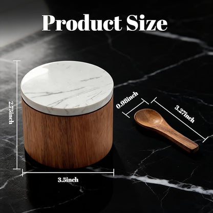 Salt Cellar with Lid, Built-in Spoon Box Bowl, Airtight Spice Container for Kitchen, Grey Natural Marble Top & Solid Walnut Wood Base, Modern Rustic Style (3.5”D x 2.7”H)