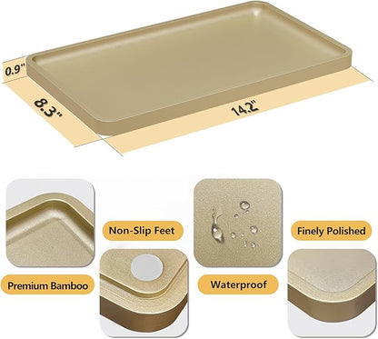 Weenson Gold Bathroom Vanity Tray for Countertop Decor Perfume Makeup Toiletries Toilet Tank, Large Bamboo Kitchen Tray for Spice Salt, Serving Tray for Food Coffee, Nightstand Candle 14.2”x8.3”