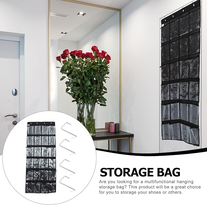 24-pocket over Door Shoe Hanging Organizer Bag Black Non-woven Fabric Storage Hanging Bag for Closet Shoe Storage and Multipurpose