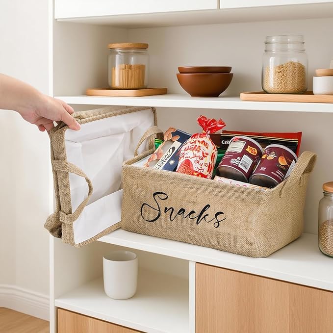 DEAYOU 2 Pack Snack Organizer for Pantry, Burlap Snack Storage Bins with 30 Pcs Bag Clips, Foldable Basket Containers with Handle for Countertop, Kitchen, Office, Chips, Popcorn, Candy, Pretzels