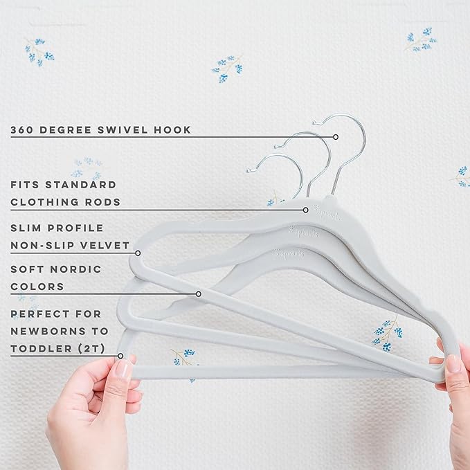 3 Sprouts Velvet Baby Hangers - Non-Slip Hangers for Infant and Toddler Clothes - Slim Space-Saving Design with Nordic Colors for Nursery - 30 Pack - Gray