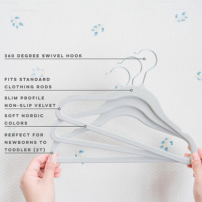 3 Sprouts Velvet Baby Hangers - Non-Slip Hangers for Infant and Toddler Clothes - Slim Space-Saving Design with Nordic Colors for Nursery - 30 Pack - Gray