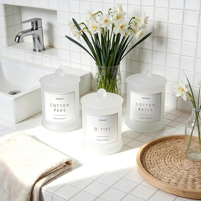 Ronasip 3 Pack Qtip Holder Dispenser, 16oz Bathroom Organizer and Storage Canisters, Glass Apothecary Jars with Lid - Home Decor, Room Decor Aesthetic (Frosted White)