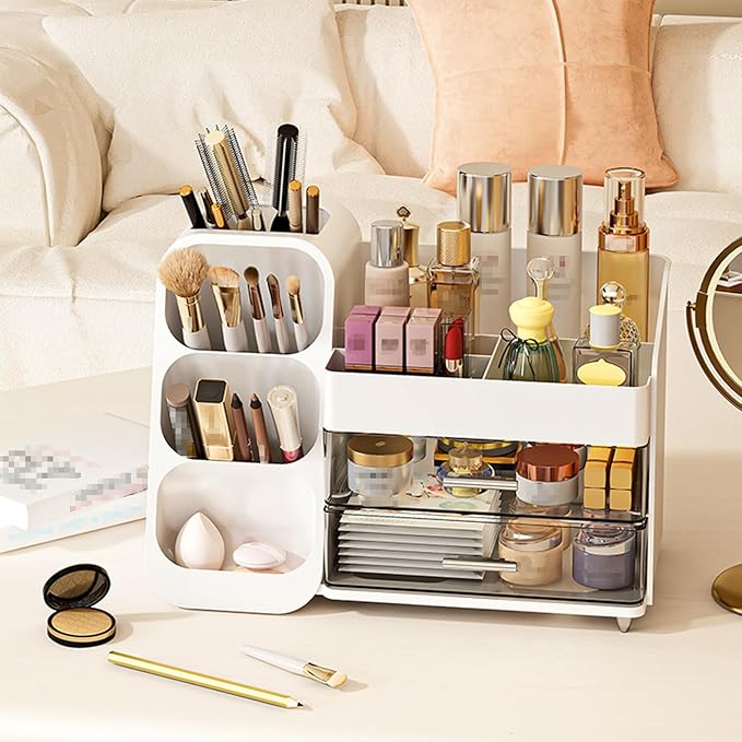 Makeup Organizer with Drawer, Skincare Products Perfume Desk Storage Box, Beauty Holder Rack for Lipstick Brush Eyeliner, Cosmetic Display Case for Dresser Countertop & Bathroom Vanity (Pink)