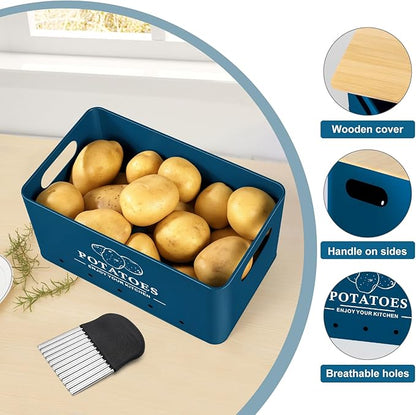 Kitchen Vegetable Storage Set of 3, Metal Onion Garlic Potato Storage Set, Kitchen Canisters Vegetable Keeper Containers with Aerating Holes and Wooden Lid (Dark Blue)