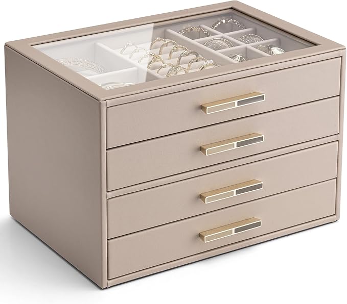 VLANDO 4 Layer Jewelry Box for Women, Mothers Day Gifts for Women, Glass Lid Jewelry Organizer with 4 Drawers for Necklaces Rings Earrings Bracelets - Toffee