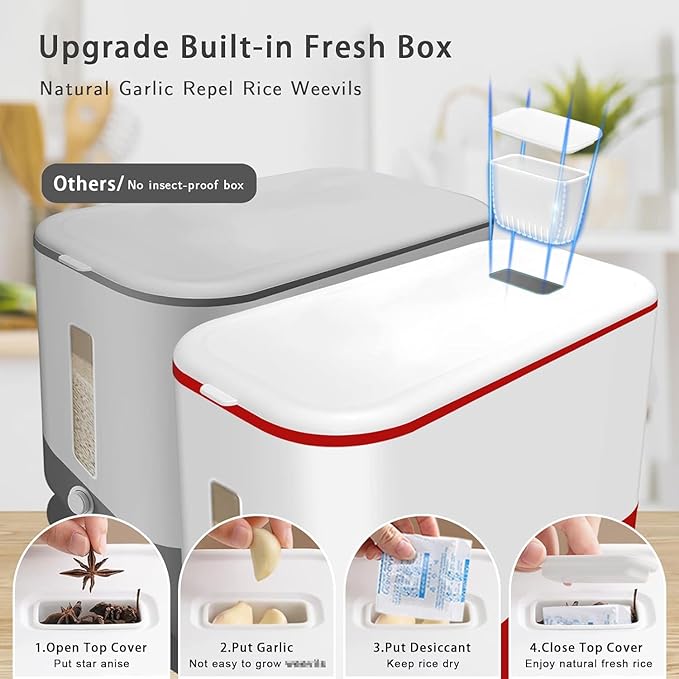 Lenwi 22-25 Lbs Rice Dispenser, Large Cereal Dry Food Storage Containers with Measuring Cup, BPA-Free Household for Kitchen Pantry Organization-Red