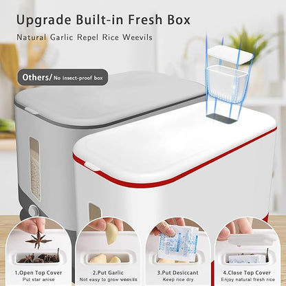 Lenwi 22-25 Lbs Rice Dispenser, Large Cereal Dry Food Storage Containers with Measuring Cup, BPA-Free Household for Kitchen Pantry Organization-Red