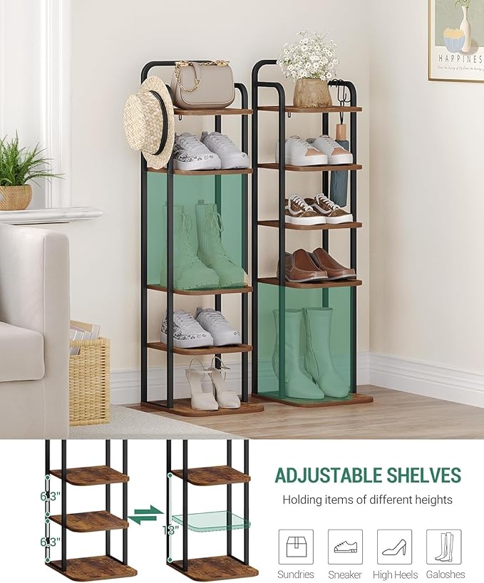 Hzuaneri 6 Tiers Vertical Shoe Rack, Narrow Shoe Tower, Tall Shoes Shelf with 2 Hooks, Adjustable Shelves, Corner Shoes Shelves for Small Spaces, Entryway, Living Room, Rustic Brown SR04201B