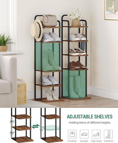 Hzuaneri 6 Tiers Vertical Shoe Rack, Narrow Shoe Tower, Tall Shoes Shelf with 2 Hooks, Adjustable Shelves, Corner Shoes Shelves for Small Spaces, Entryway, Living Room, Rustic Brown SR04201B