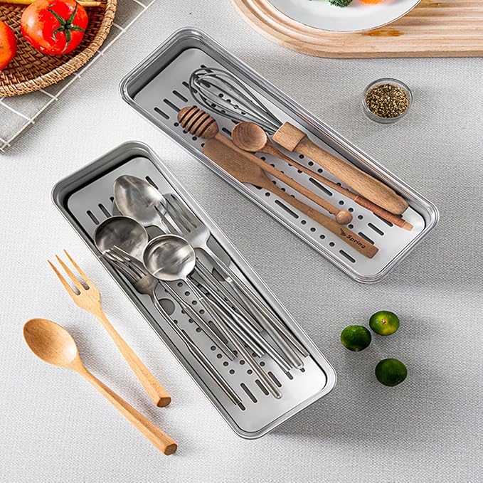 18/8 Stainless Steel Flatware Tray Kitchen Drawer Organizer with Lid and Drainer Stackable Utensil Holder for Countertop Large Capacity Silverware Tray Flatware Organizers
