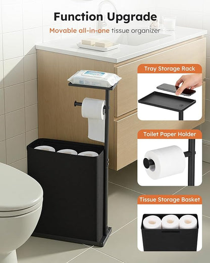 30" H Toilet Paper Holder Stand with Storage for Up to 12 Rolls,Rustproof Free Standing Toilet Paper Stand with Shelf,All-in-One Toilet Tissue Roll Dispenser and Organizer with a Basket,Black