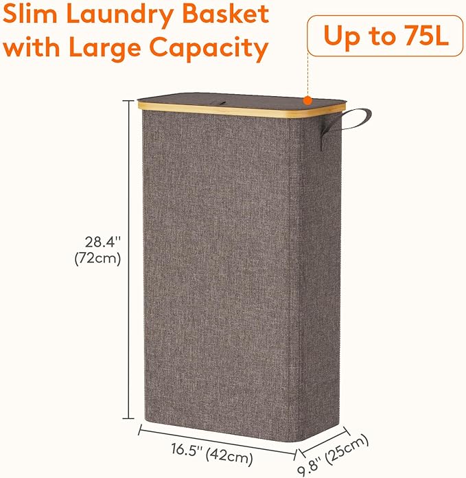 Lifewit 75L Slim Laundry Hamper with Lid, Narrow Laundry Basket with Removable Bag & Bamboo Handles, Fodable Thin Dirty Clothes Hamper for Laundry Collapsible Bin for Bathroom Bedroom Dorm, Brown