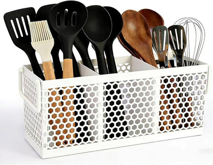 Kitchen Utensil Holder with 3Compartments Metal Mesh Silverware Caddy Organizer with Sturdy iron Base for Kitchen Countertop，Black Cooking Utensil Crock