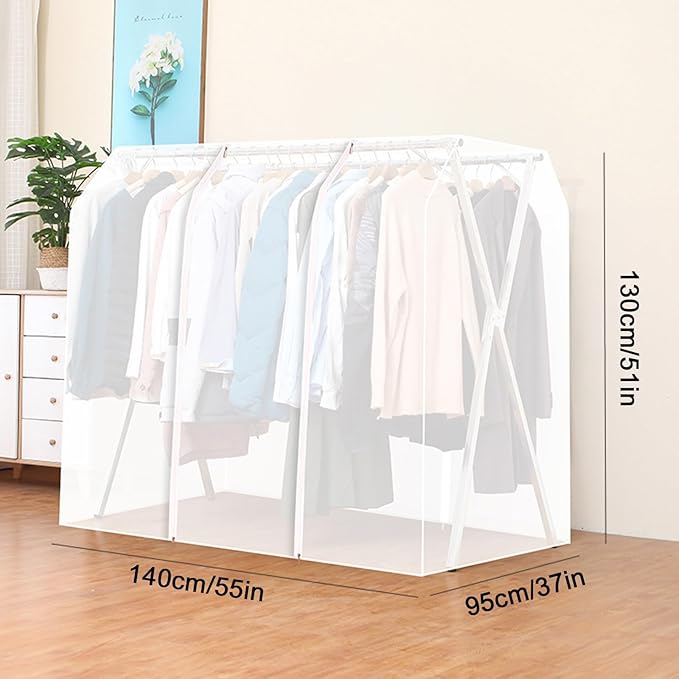 Clothes Rack Cover with Zipper, Dustproof Clothes Cover with 2 Durable Zipper Clothing Waterproof Protector, Designed for X-Type Coat Racks(White,140x130x95cm/55x51x37in)