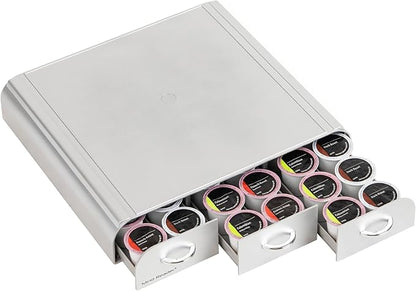 Mind Reader Single Serve Coffee Pod Organizer with 3 Drawers, 36 Pod Capacity, Countertop, 13.5"L x 12.25"W x 2.5"H, Silver