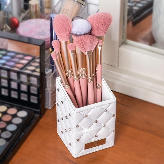 LORYP Makeup Brush Holder Crystal Brushes Cup White PU Make up Brush Case Bag Storage for Women (White)