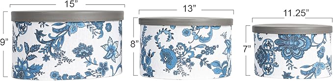 Household Essentials Floral Nestable Hat Boxes with Faux Leather Lids, Cream and Blue, Set of 3