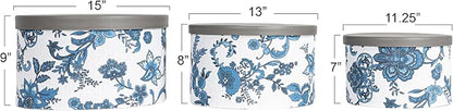 Household Essentials Floral Nestable Hat Boxes with Faux Leather Lids, Cream and Blue, Set of 3