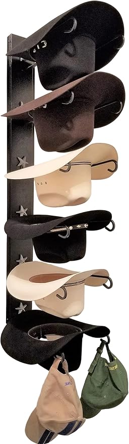 6-Hat Cowboy Hat Rack – Crown Down Wall Mount – Black Powder Coat with Silver Stars – American Made Steel