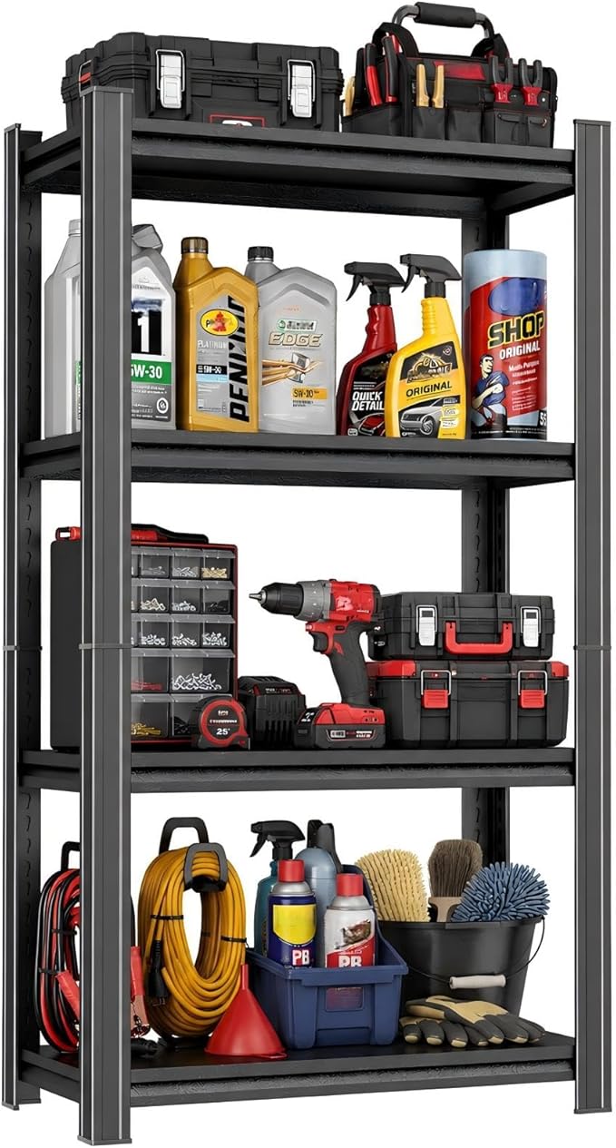 24 Inch Wide Heavy Duty Garage Shelving Unit, 4-Tier Metal Storage Shelves, Adjustable Upgraded Reinforced Double-Layer Columns for Space-Saving, Easy Assembly, Black (24''W x 12''D x 53''H)