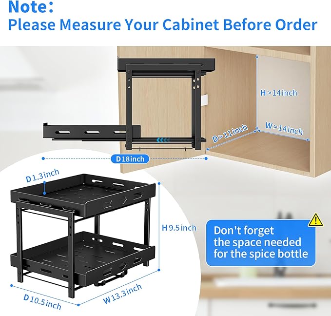 BOIVSHI Spice Organization for Cabinet, 2-Tier Cabinet Spice Rack, Height Adjustable Vertical Spice Rack Pull Out for Kitchen, Cabinet, Pantry (14.1''Wx10.8''Dx9.2''H, Metal Black)