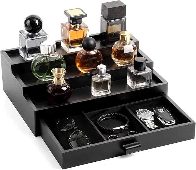 Wooden Cologne Organizer for Men 3 Tier Perfume Stand Organizer with Drawer and Hidden Compartment Cologne Display Riser Shelf Holder for Dresser Figures Fragrances Skincare Makeup Storage (Black)