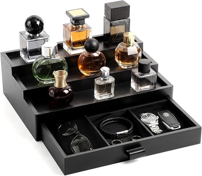 Wooden Cologne Organizer for Men 3 Tier Perfume Stand Organizer with Drawer and Hidden Compartment Cologne Display Riser Shelf Holder for Dresser Figures Fragrances Skincare Makeup Storage (Black)