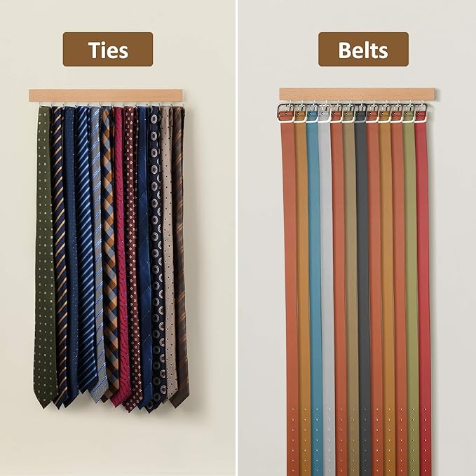 ZEDODIER 2 Pack Wodden Tie Hanger Wall Mounted, Space Saving Belt Organizer for Man with 24 180° Rotating Hooks, Space Saving Belt Storage Holder, Natural