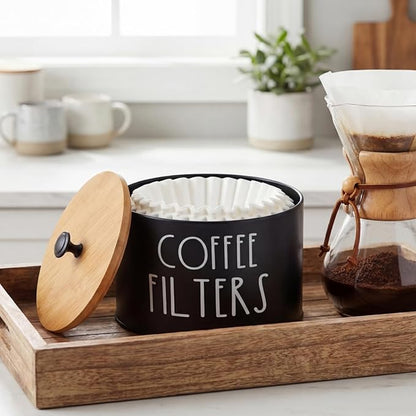 Coffee Filter Holder, Large Capacity Coffee Filter Storage Container with Bamboo Lid, Metal Coffee Filter Dispenser Pod Organizer Basket Accessory for Bar Counter Decor
