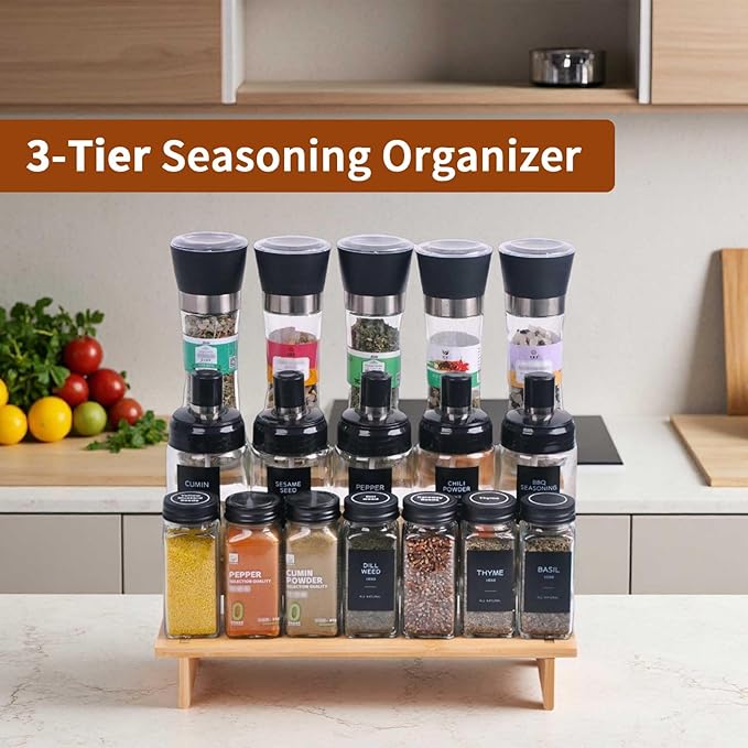 JinDoWin 3 Tiered Spice Rack Organizer for Cabinet,Spice Organization for Cabinet, Seasoning Organizer,Spice Shelf and Spice Organizer for Cabinet,Pantry Organizers and Storage (2 Pack, Small)