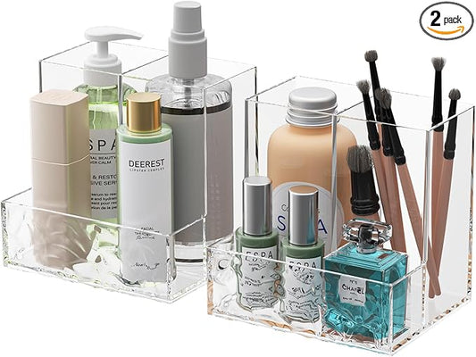 Clear Plastic Countertop Vanity Makeup Organizer, 2-Pieces Vertical Storage Organizer Set for Brushes, Eyeshadow Palettes, & Beauty Supplies