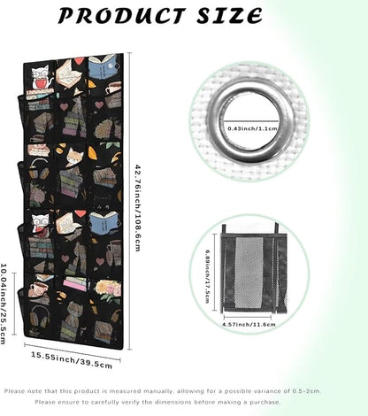 Cat Reading Over The Door Pantry Organizer,Hanging Baskets with 12 Mesh Large Pockets,Over The Door Organizer,Pantry Organizers and Storage,Stable Spice Rack for Kitchen,Bathroom