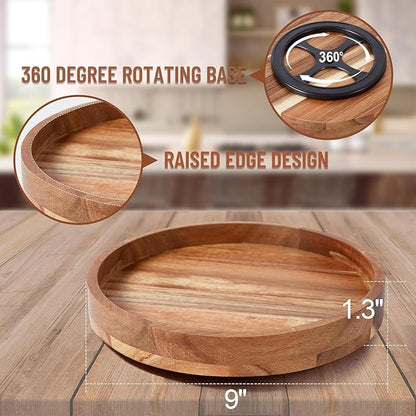 [ 2 Pack ] 9 Inch Acacia Wood Lazy Susan Organizer for Cabinet, Lazy Susan Turntable for Countertop Table Pantry, Kitchen Turntable Storege Container